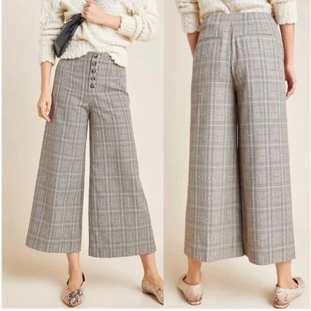 Anthropologie Roma Plaid Chenille Wide Leg Crop Trouser
